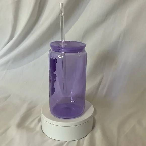16 Ounce Handmade Purple Glass Can Cup w/Lid & Straw, Swearbear - Picture 3 of 4